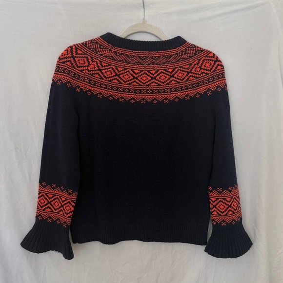 J Crew Merino Wool Blend Fair Isle Nordic Ruffle Sleeve Blue Orange Sweater XXS - Picture 5 of 5